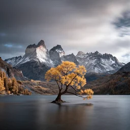 award winning landscape photography by andy lee, lone tree on small island in lake in foreground with bright jagged mountains in background, beautiful light, moody, long exposure, infrared photography, dramatic lighting, clouds, rule of thirds, golden ratio