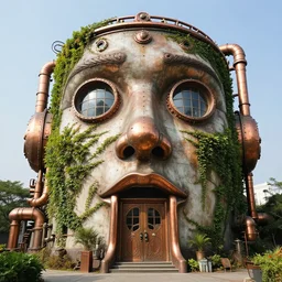 of a massive steampunk building in the shape of an enormous head, windows for eyes, door for mouth, covered with copper plumbing and ivy