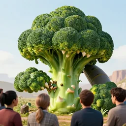 giant monster made of broccoli and sharp teeth eating people, star trek, film still from a movie directed by Denis Villeneuve  with art direction by Salvador Dalí, wide lens