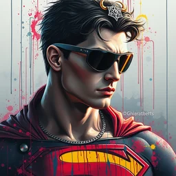 superman as an aesthetic cyberpunk hacker wearing sunglasses and a silver diadem, side portrait, striking, defiant, spotlight, paint drips, paint splatter, vibrant colors, beautiful eyes, futuristic clothing, by marco paludet and gianni strino and marion bolognesi