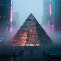 pyramid head in a misty new York city lit by neon lights