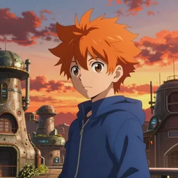 orange - haired anime boy, 1 7 - year - old anime boy with wild spiky hair, wearing blue jacket, golden hour, partly cloudy sky, red clouds, orange sky, old town, futuristic old town, strong lighting, strong shadows, vivid hues, ultra - realistic, sharp details, subsurface scattering, intricate details, hd anime, 2 0 1 9 anime