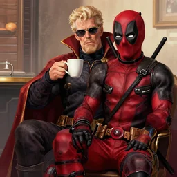 Dr strange is drinking coffee sitting next to deadpool hyperrealistic illustration
