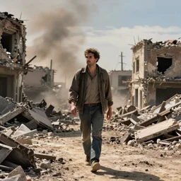 color video footage, a man walking in the bombed city,