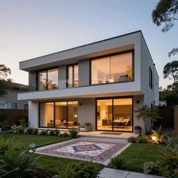 exterior of a post modern house during sunset with soft lamp light, lots of plants rugs