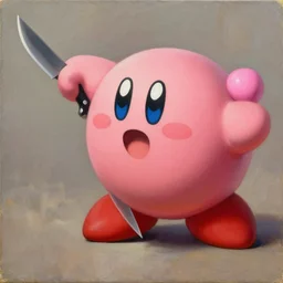 Kirby threatening with a knife, oil painting on canvas, 8k, highly detailed, masterpiece  soft lighting