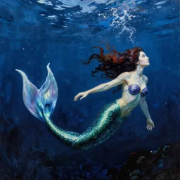 a mermaid swimming deep underwater, high detailed beksinski painting, part by adrian ghenie and gerhard richter. art by takato yamamoto. masterpiece, dark and moody, deep colours, blue