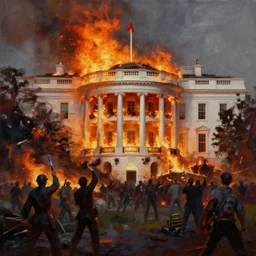 white house burning down during a communist uprising, volumetric light, glare, oil in canvas,