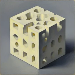 an oil painting of a menger sponge, in the style of piet mondrian, by m c escher, surreal