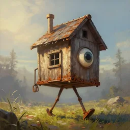 a walking wood and metal house with two legs and one big eye, rust, hyperrealistic, highly detailed, cinematic, single ray of sun, morning, pareidolia, gravity falls style, disney, beautiful, cgssociety, artstation, 8 k, oil painting, digital art