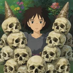 young goddess, beautiful symmetrical face detailed face, realistic proportions, wearing a dark grey dress, peering from behind an ( enormous conical pile of skulls )!!! with flowers in the background, lush painting in the style of studio ghibli