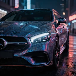 close up macro shot of a mercedes car on wet city street at night, intricate, hyper detailed, smooth, high contrast, neon, volumetric lighting, octane, moebius, greg rutkowski, blade runner, ripley scott, cindmatic