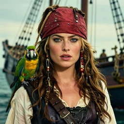 margot robbie as a beautiful pirate with a parrot on the shoulder, pirate boat background, realistic portrait, beautiful eyes, 8k resolution, hyper detailed, studio lighting, cinematic