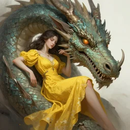 fantasy character illustration of a pale woman in a yellow dress with dark hair resting against an enormous dragon head, trending on artstation, digital art ( by jesper ejsing ) ( by clint cearley ) ( by raluca marinescu )