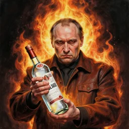 yeltsin with a halo of fire holding a bottle of vodka in his hands, scary art in color, detailed art