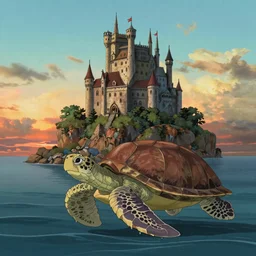 an island with a giant castle on top of a giant turtle in the ocean, sunset, drawn by hayao miyazaki, studio ghibli film, hi res, high detail, 4k