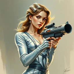 6 0 es sci - fi silver dress and alien blaster. highly detailed, digital painting, watercolor, soviet realism, engraving, artstation, concept art, smooth, sharp focus, vivid grunge, manga, illustration, unreal engine 5, 8 k, art by bilibin and kuvshinov and malevich and mucha