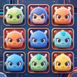 3 rows of 3 framed closeup colorful 3 d - rendered cg face portraits of cute evil robots in the style of osamu tezuka, with a futuristic mechanical background.