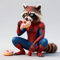 spider - man sit on the raccoon and eating donuts, concept art, trending on artstation, highly detailed, intricate, sharp focus, digital art, 8 k