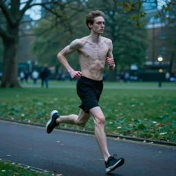 skinny man running around london park in cyberpunk style