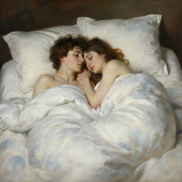 a couple cuddling in bed covered by puffy clouds, by bouguereau