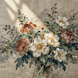 flower bouquet, lots of flowers, natural mineral pigments, chinese painting