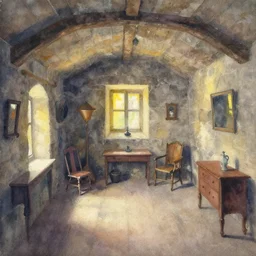 abstract watercolor painting of hedonic scandinavian thief house interior, in stone, low ceiling, magical and traditional, cinematic light, national romanticism by anders zorn, by greg rutkowski, by greg manchess