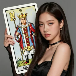 jossi of blackpink, king, tarot card, highly detailed, digital painting, smooth, sharp focus, illustration, ultra realistic, octane, render, unreal engine 8 k, art by karol bak and agnes cecile