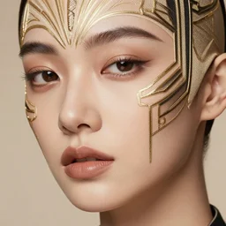 close up of face of female fashion model, art - deco style, beige colors, highly detailed