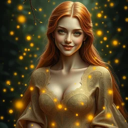fit woman, serene smile surrounded by golden firefly lights, amidst nature fully covered by a intricate detailed dress, long red hair, precise linework, accurate green eyes, small nose with freckles, smooth oval shape face, empathic, expressive emotions, spiritual scene, hyper realistic ultrafine art by artemisia gentileschi, jessica rossier, boris vallejo
