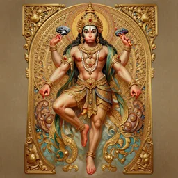 a full body centered!!!!!!!!! portrait of a sole beautiful ornated hanuman god, leaping across the canvas, intricate, elegant, highly detailed, digital painting, artstation, concept art, smooth, sharp focus, colored illustration for tattoo, art by krenz cushart and artem demura and alphonse mucha