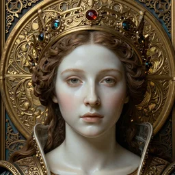 detailed realistic beautiful young medieval queen face portrait by jean delville and marco mazzoni, art nouveau, symbolist, visionary, gothic, preraphaelite, hyperdetailed realistic smooth polished porcelain, ultrasharp hyperdetailed photorealistic octane render, ornate gothic icon with heavy patina
