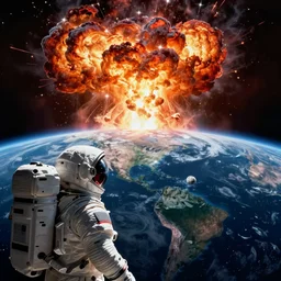 the last human in space looking back at the Earth exploding, realistic, very realistic,