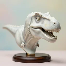 porcelain velociraptor head sculpture mounted on wooden pedestal, highly detailed, light colors, pastel background, low depth of field, realistic, canon 5 d