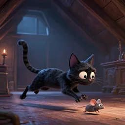 a gothic black Cat living ia dramatic life in dramatically lit attic from the latest disney pixar film, stopmotion animation, detailed, cgi, greg, ross tran, rendered in unreal engine, chasing mice, action, movement