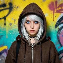 highly detailed portrait of a sewer punk lady student, blue eyes, brown harris tweed hoody, hat, white hair by atey ghailan, by greg rutkowski, by greg, tocchini, by james gilleard, by joe fenton, by kaethe butcher, gradient yellow, black, brown and cyan color scheme, grunge aesthetic!!! ( ( graffiti tag wall background ) )