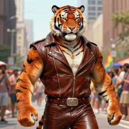 anthropomorphic Tiger man in leather clothes ,pride parade,city,buildings art by Tony sart, Thomas kinkade