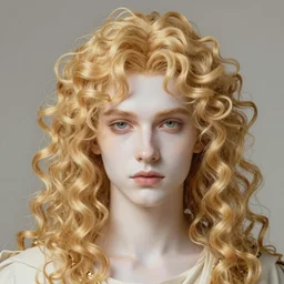 Apollo the pale blond androgynous god of the sun, highly detailed, very very very curly golden blond hair, baroque drill curls, curtain bangs, central parted fringe, extremely luscious curly blond hair, very very very pale white skin, digital painting, artstation, concept art, soft light, sharp focus, illustration