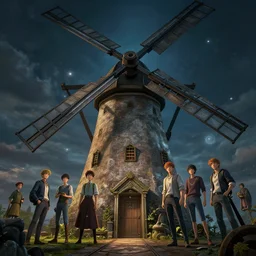 inside a windmill, unreal engine, fantasy art by greg, loish, rhads, ferdinand knab, tom bagshaw, makoto shinkai and lois van baarle, rossdraws, ilya kuvshinov, night lighting, trending on studio ghibli, highly detailed, 8 k, octane render