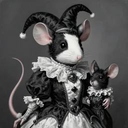 masterpiece painting by WLOP, sakimichan and Ross Tran of an intricate humanoid black and white mouse wearing jester clothes, highly detailed, sharp, color graded, featured in Artstation, inspired by Greg Rutkowski, cgsociery