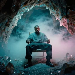 kanye west as a man on chair, cave with crystals, glitter, volumetric light, foggy, smokey, moody, kodak photography, cyan and pink light