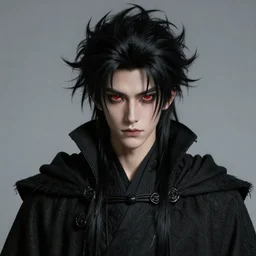 handsome demon boy, young adult mazoku man with wild spiky black hair, vantablack cloak, red eyes, ultra realistic, concept art, intricate details, eerie, highly detailed, photorealistic, octane render, 8 k, unreal engine. art by artgerm and greg rutkowski and charlie bowater and magali villeneuve and alphonse mucha