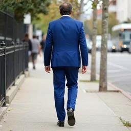 A man walking down a sidewalk while wearing a blue suit, colour splash