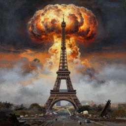 broken eiffel tower in the middle , giant atomic nuclear war explosion cloud on neptune graveyard wasteland  with fog during moody sunset  , panoramic cinematic very sharp oil painting by frazetta