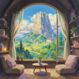 a heavenly dream view from the interior of my cozy dream world filled with color from a Makoto Shinkai oil on canvas inspired pixiv dreamy scenery art majestic fantasy scenery fantasy pixiv scenery art inspired by magical fantasy exterior illumination of awe and wonder