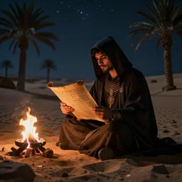 a hooded man reading ancient scrolls in the light from a small fire in the Egyptian desert, night, stars, palm trees, mystic, by Andreas Rocha + Ted Nasmith, dark, cinematic lighting, masterpiece, highly detailed, 8k resolution, trending on art station
