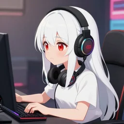 white long haired red eyed young cute girl wearing headset playing computer game mika pikazo, anmi, hiten, rella style