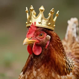 A realistic photo of a chicken wearing a golden crown