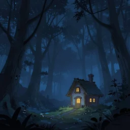 cold dark night, alone small house in forest, pixar and disney animation, science fiction, cyberpunk, disney concept art illustration by mandy jurgens and alphonse mucha, dynamic lighting