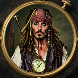 a potrait of pirates, king of pirates, gold teeth, crazy hair, wearing armor, flag on his back, 1 6 0 0 century, jack sparrow, black beard, one piece, photo realistic, in a circle, dust, grain, scretch on picture, noise, deep focus, high detail, old photos, old memorial, old film, film, analogue, insinde a golden watch